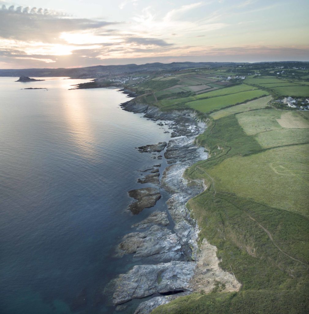 Aerial image of Prussia Cove on South coast of Cornwall